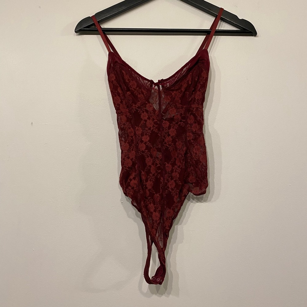 Intimately Free People Burgundy Floral Lace Bodysuit Sheer Mesh V-Neck Small